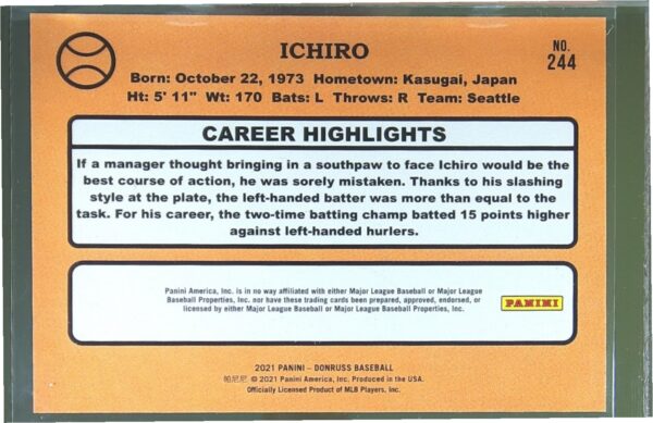 2021 Donruss Ichiro Season Stat Line /372 #244 Mariners - Image 3