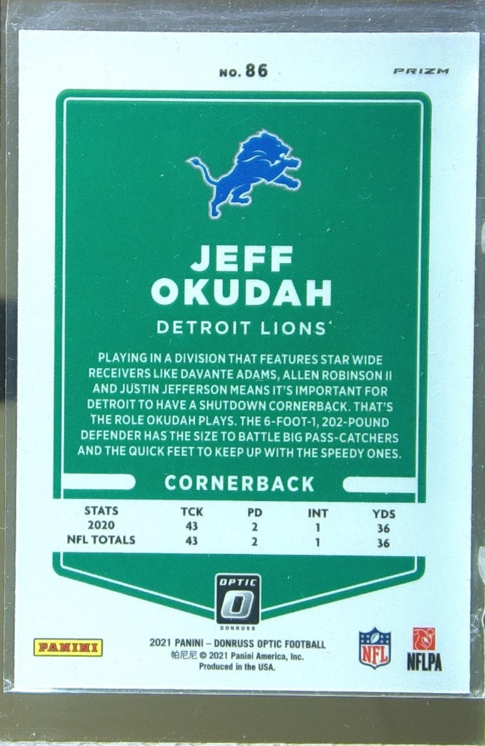 2021 Donruss Optic Jeff Okudah Stars #86 Lions - Image 3