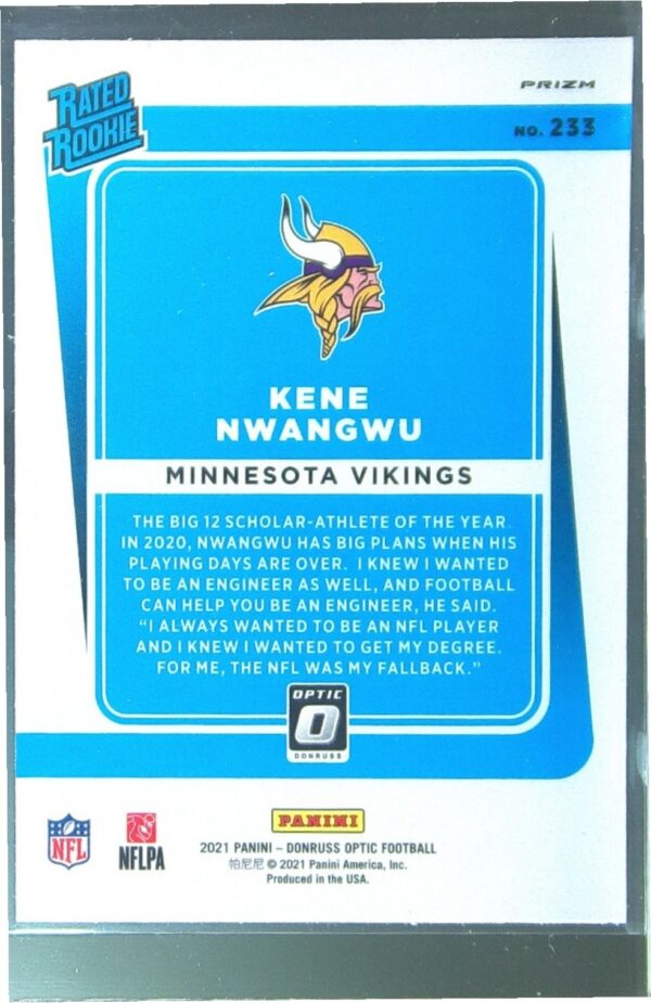 2021 Donruss Optic Kene Nwangwu Green Velocity RC #233 Vikings - Image 3