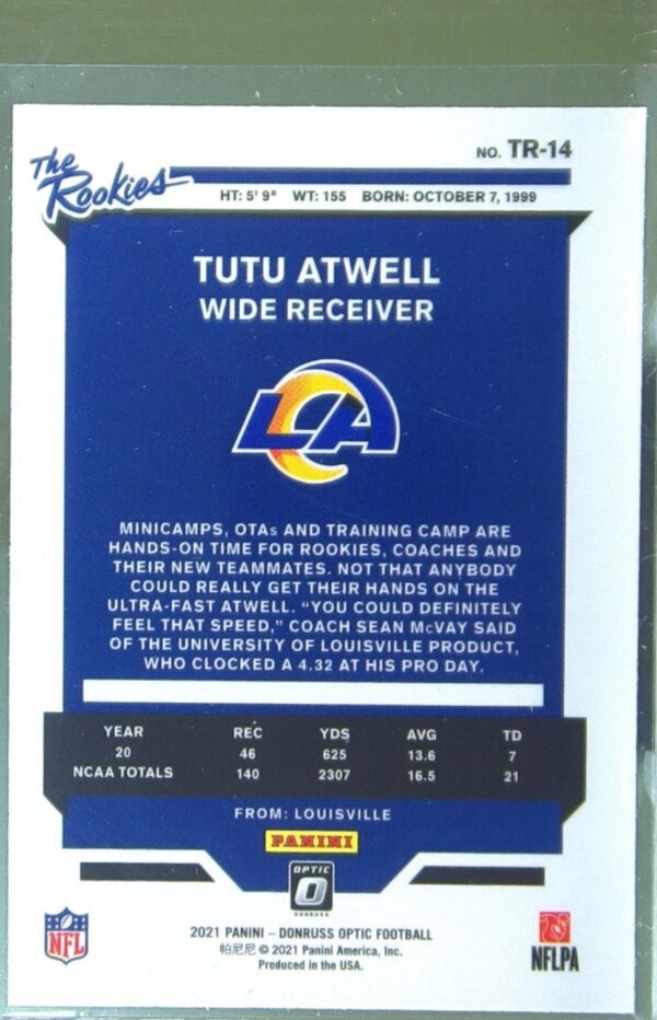 2021 Donruss Optic Tutu Atwell RC #TR-14 Rams The Rookies - Image 3
