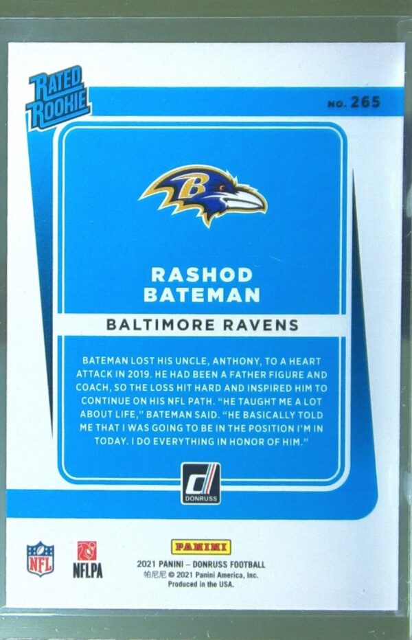 2021 Donruss Rashod Bateman Press Proof Blue RC #265 Ravens - Image 3