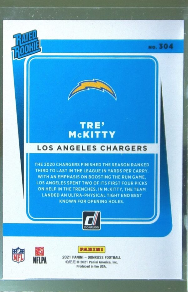 2021 Donruss Tre' McKitty RC #304 Chargers - Image 3