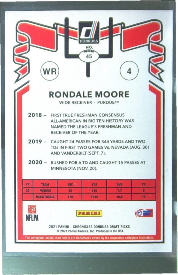 2021 Panini Chronicles Draft Picks Rondale Moore RC #45 Boilermakers - Image 3