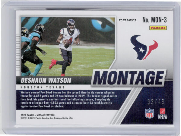 2021 Panini Mosaic Deshaun Watson SN49 #MON-3 Texans Montage Prizm Purple - Image 3