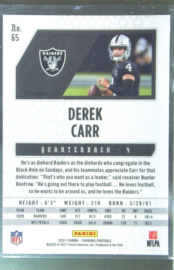 2021 Panini Phoenix Derek Carr Fire Burst #65 Raiders - Image 3