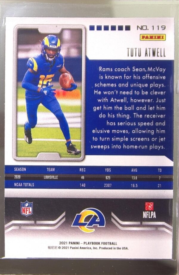 2021 Panini Playbook Tutu Atwell Sparkle RC #119 Rams - Image 3