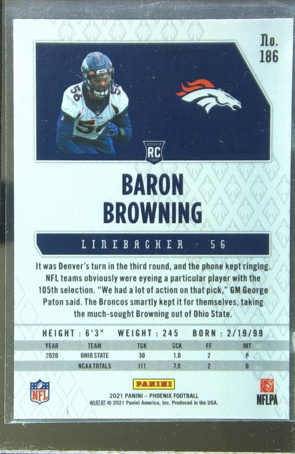 2021 Phoenix Baron Browning RC #186 Broncos - Image 3