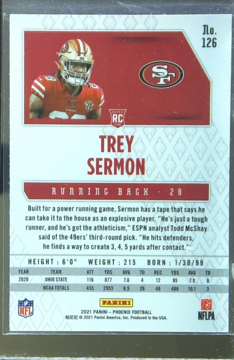 2021 Phoenix Trey Sermon RC #126 49ers - Image 3