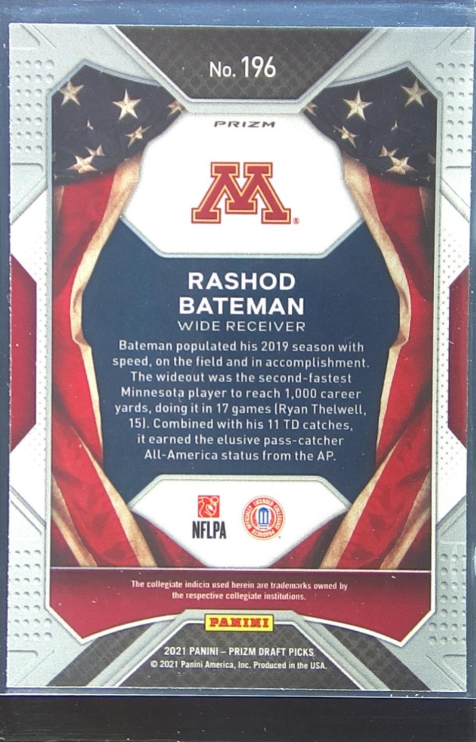 2021 Prizm Draft Picks Rashod Bateman Green RC #196 Gophers - Image 3