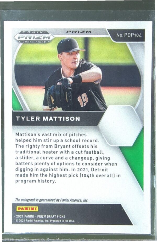 2021 Prizm Draft Picks Tyler Mattison Auto #PDP104 Base Autographs Pink Velocity - Image 3