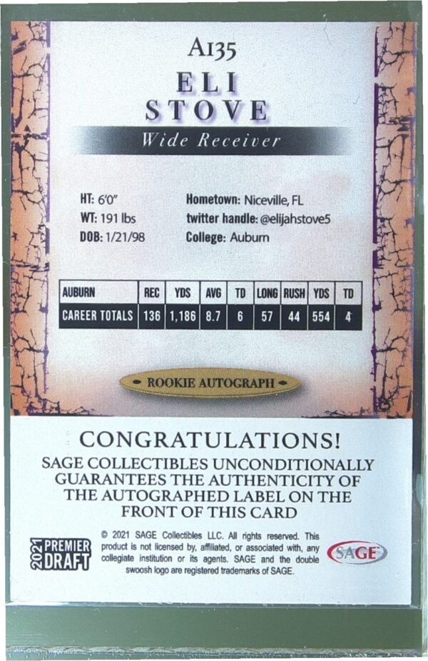 2021 SAGE Premier Draft Eli Stove Auto RC #A135 Tigers Autographs Black - Image 3