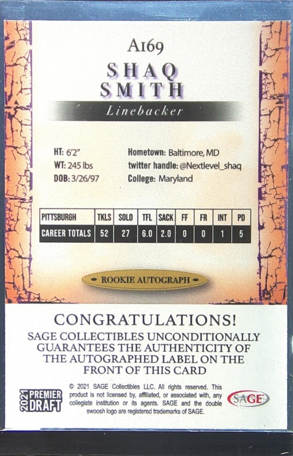 2021 SAGE Premier Draft Shaq Smith Auto #A169 Terrapins Autographs Red - Image 3