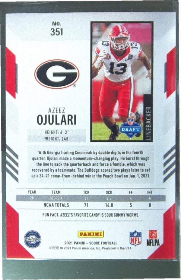2021 Score Azeez Ojulari Purple RC #351 Bulldogs - Image 3