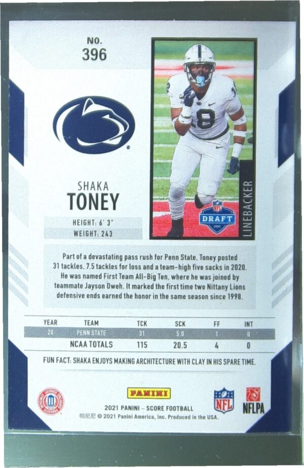 2021 Score Shaka Toney RC #396 Lions - Image 3