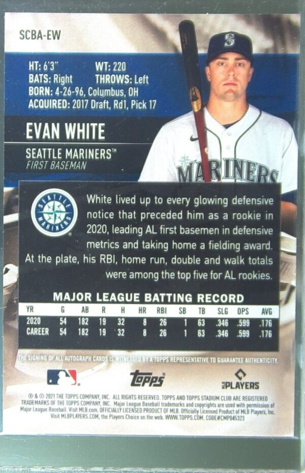 2021 Stadium Club Evan White Auto RC #SCBA-EW Mariners Autographs - Image 3