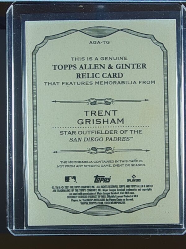 2021 Topps Allen & Ginter Trent Grisham JSY #AGA-TG Padres Full Size Relics B - Image 3