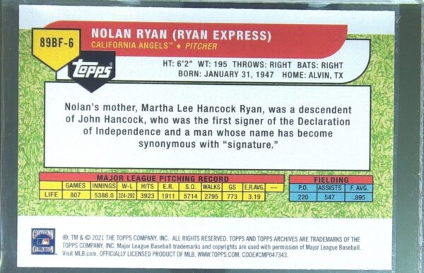 2021 Topps Archives Nolan Ryan #89BF-6 Angels 1989 Topps Big Foil - Image 3