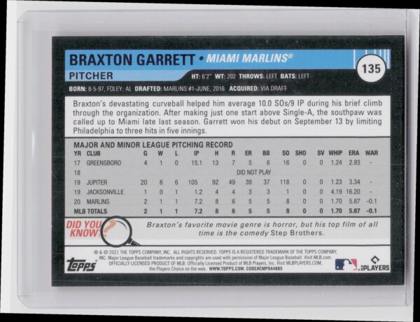 2021 Topps Big League Braxton Garrett Orange #135 Marlins - Image 3