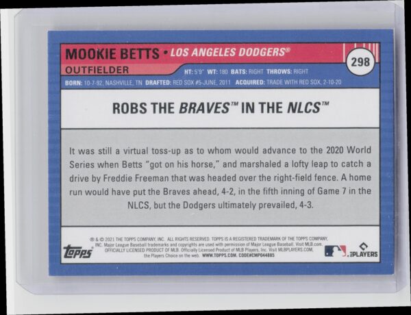 2021 Topps Big League Mookie Betts Orange #298 Dodgers - Image 3
