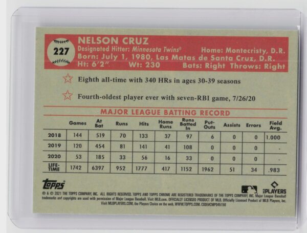 2021 Topps Chrome Platinum Anniversary Nelson Cruz Refractor #227 Twins - Image 3