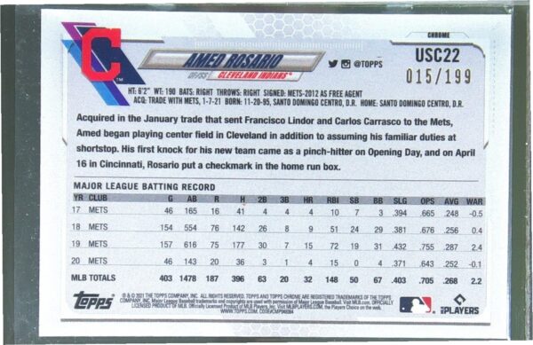 2021 Topps Chrome Update Amed Rosario Blue Refractor /199 #USC22 Indians - Image 3