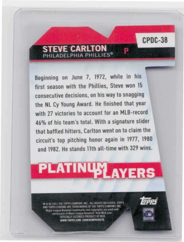 2021 Topps Chrome Update Steve Carlton #CPDC-38 Phillies Platinum Player Die Cut - Image 3