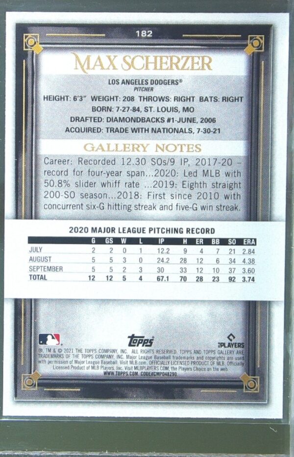2021 Topps Gallery Max Scherzer Printer Proof #182 Dodgers - Image 3