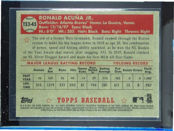 2021 Topps Ronald Acuna Jr. #T52-45 Braves 1952 Topps Redux - Image 3