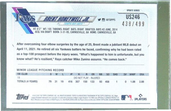 2021 Topps Update Brent Honeywell Jr. Green Foilboard /499 RC #US246 Rays - Image 3