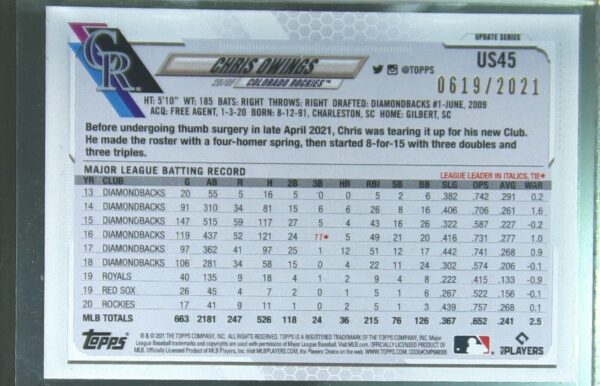 2021 Topps Update Chris Owings Gold /2021 #US45 Rockies - Image 3