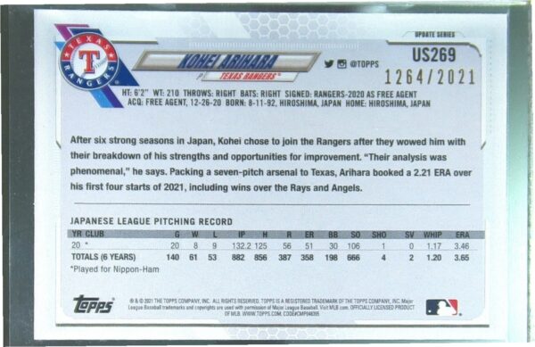 2021 Topps Update Kohei Arihara Gold /2021 RC #US269 Rangers - Image 3