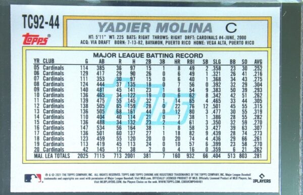 2021 Topps Update Yadier Molina #TC92-44 Cardinals 1992 Topps Redux Chrome - Image 3
