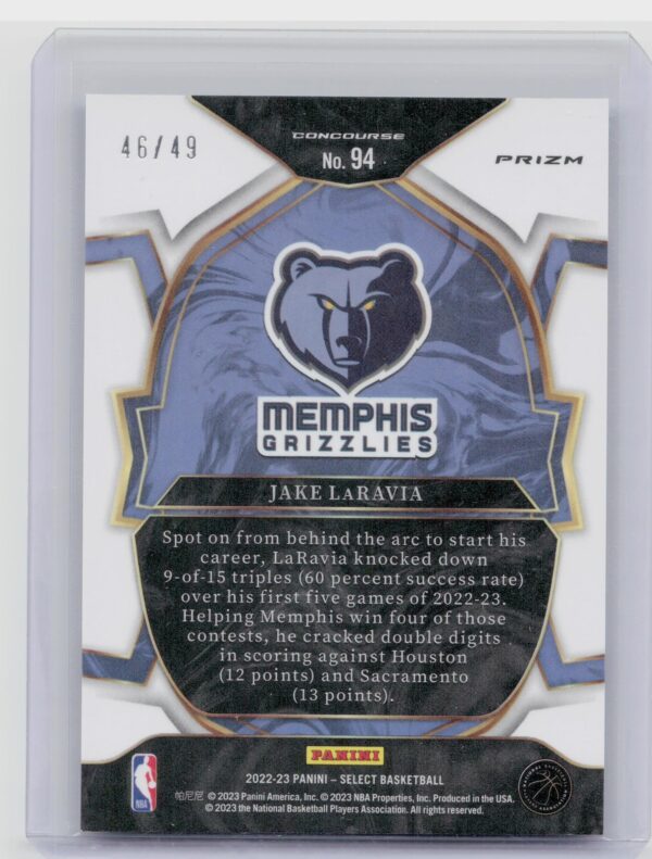 2022-23 Select Jake LaRavia Green White Purple /49 #94 Grizzlies - Image 3
