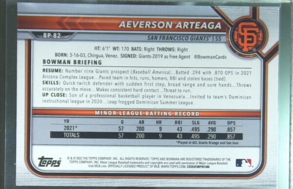 2022 Bowman Aeverson Arteaga /499 #BP-82 Giants Prospects Sky Blue - Image 3