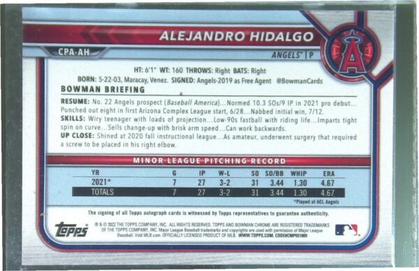 2022 Bowman Alejandro Hidalgo Auto #CPA-AH Angels Chrome Prospects Autographs - Image 3
