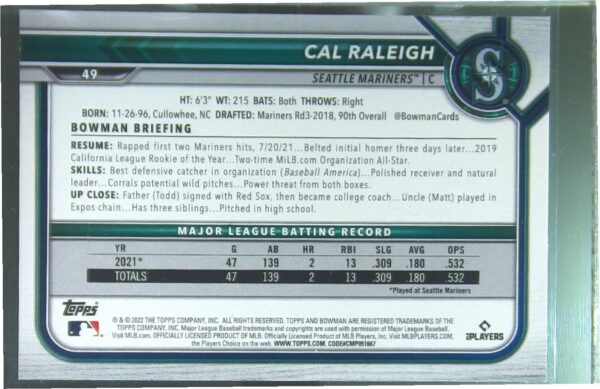 2022 Bowman Cal Raleigh RC #49 Mariners - Image 3
