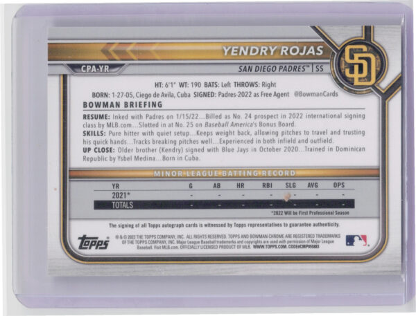 2022 Bowman Chrome Yendry Rojas AU #CPA-YR Padres Prospect Autographs - Image 3