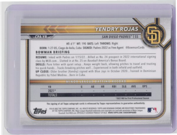 2022 Bowman Chrome Yendry Rojas AU #CPA-YR Padres Prospect Autographs - Image 3