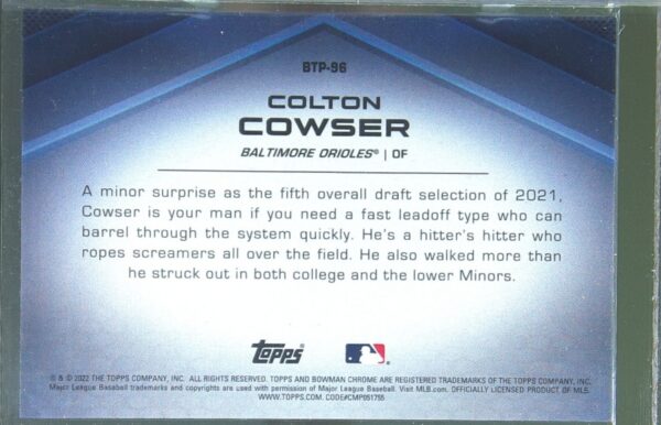 2022 Bowman Colton Cowser /99 #BTP-96 Orioles Bowman Scouts' Top 100 Green - Image 3