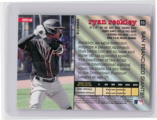 2022 Bowman Heritage Ryan Reckley #BHPC-85 Giants Chrome Prospects - Image 3
