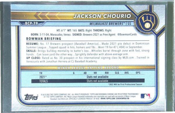 2022 Bowman Jackson Chourio #BCP-79 Brewers Chrome Prospects - Image 3