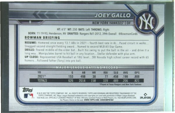 2022 Bowman Joey Gallo Sky Blue /499 #8 Yankees - Image 3