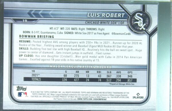 2022 Bowman Luis Robert Fuchsia /299 #19 Sox - Image 3