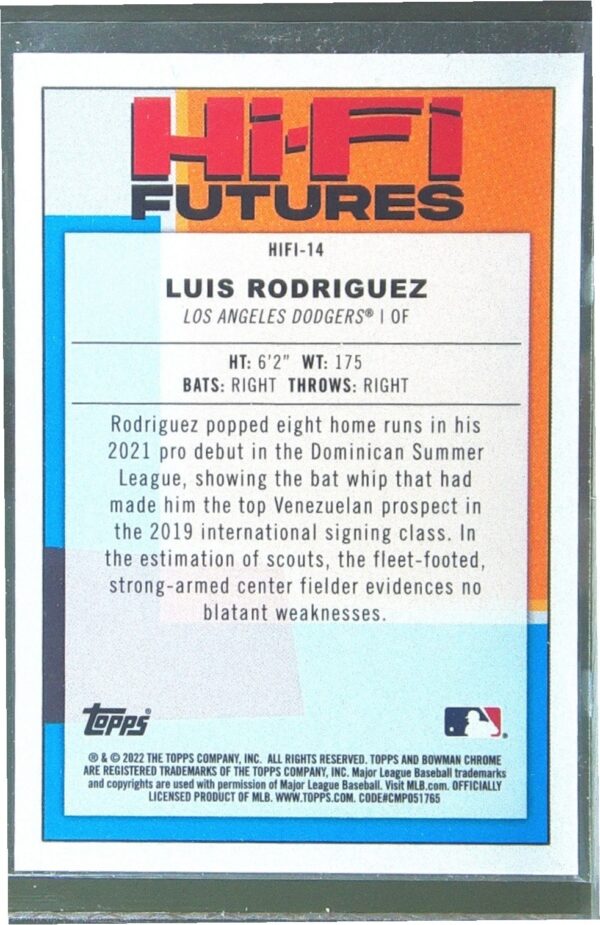2022 Bowman Luis Rodriguez /99 #HIFI-14 Dodgers Hi Fi Futures Green Refractors - Image 3