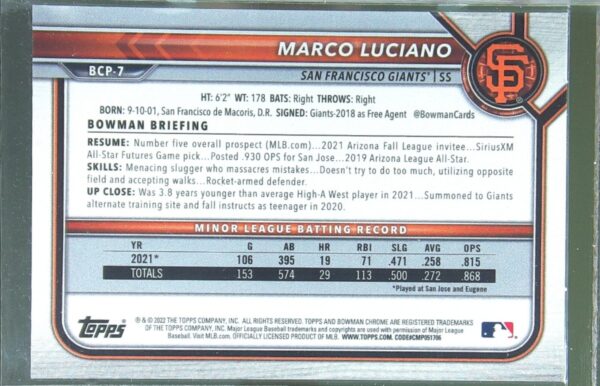 2022 Bowman Marco Luciano /150 #BCP-7 Giants Chrome Prospects Blue Refractor - Image 3