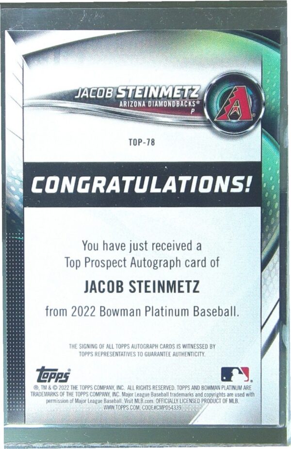 2022 Bowman Platinum Jacob Steinmetz Auto #TOP-78 Diamondbacks Top Prospect Auto - Image 3