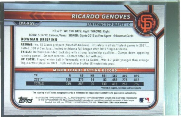 2022 Bowman Ricardo Genoves Auto #CPA-RGV Giants Chrome Prospects Autographs - Image 3