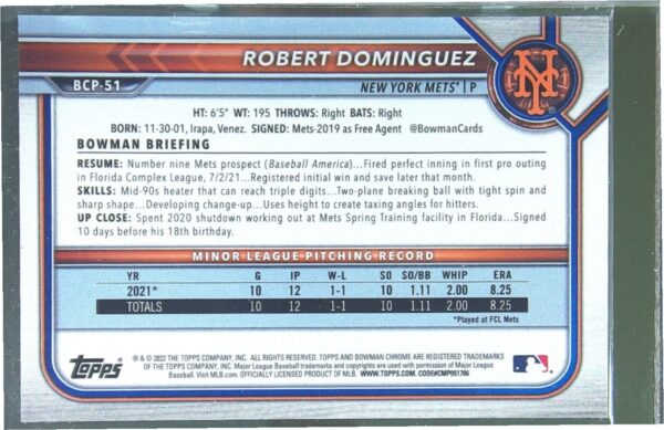 2022 Bowman Robert Dominguez /250 #BCP-51 Mets Prospects Purple RayWave - Image 3