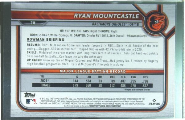 2022 Bowman Ryan Mountcastle Yellow /75 #20 Orioles - Image 3