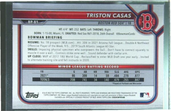 2022 Bowman Triston Casas /499 #BP-81 Sox Prospects Sky Blue - Image 3